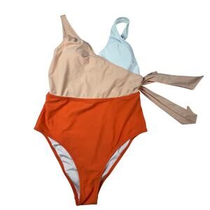 CUPSHE One Piece Swimsuit Womens XL Colorblock One Shoulder Tie Waist NEW